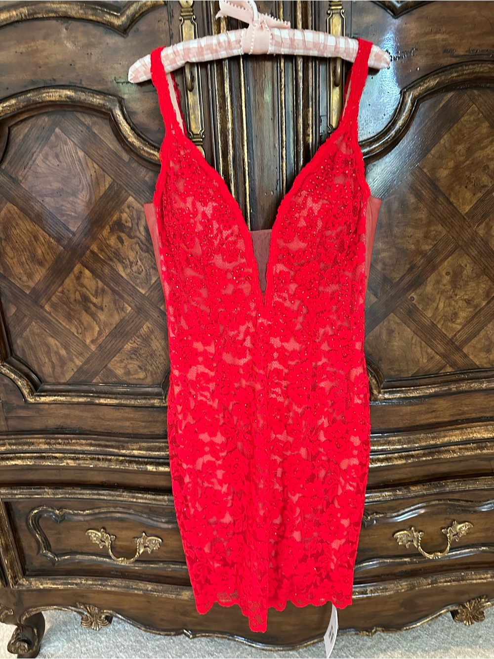 Jovani Red Lace V-Neck Chemise cocktail dress